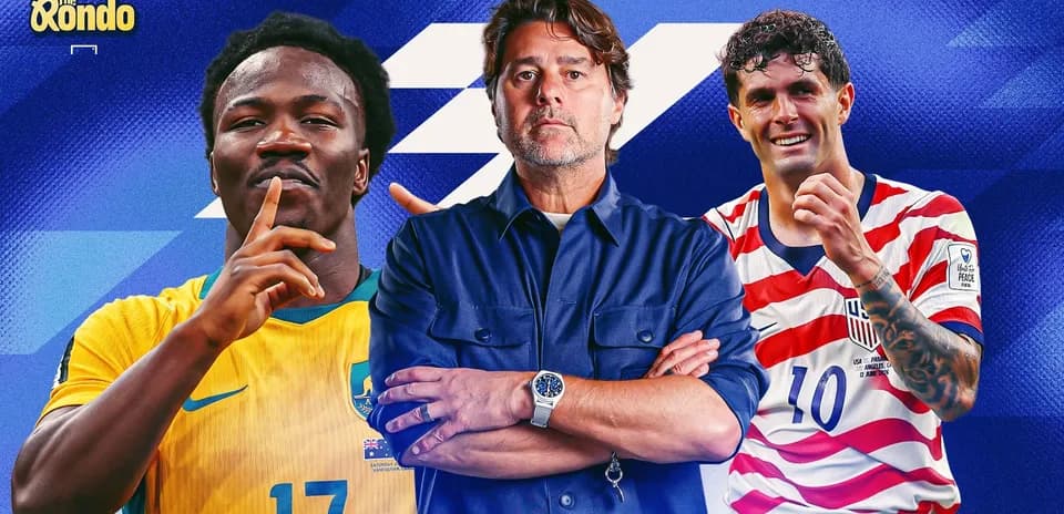 Three soccer players posing with a coach backdrop