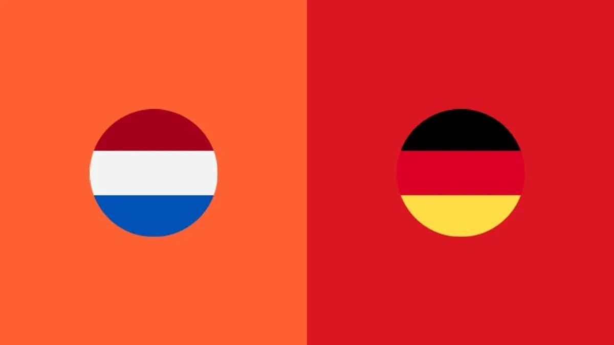 Flags of Netherlands and Germany on colored backgrounds