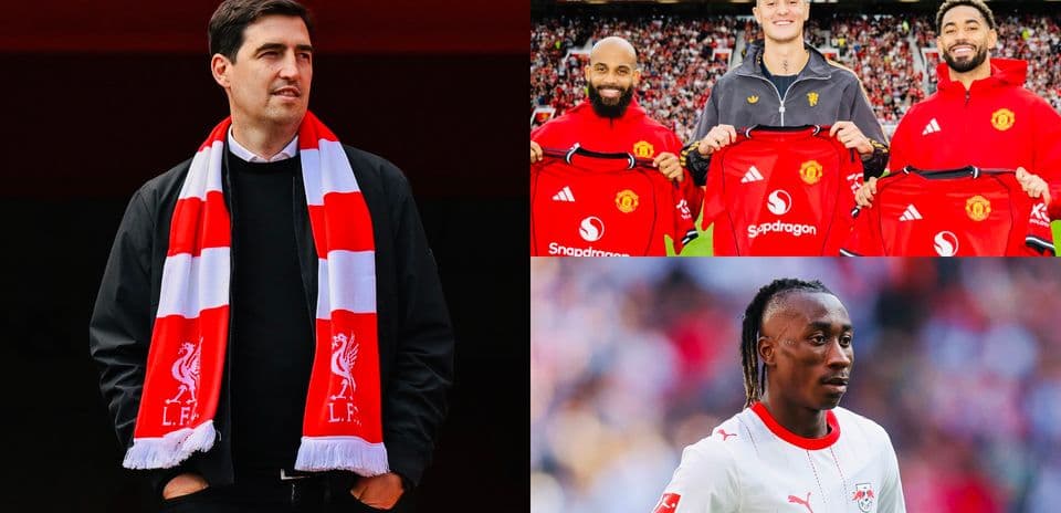 Manager with Liverpool scarf and players holding jerseys