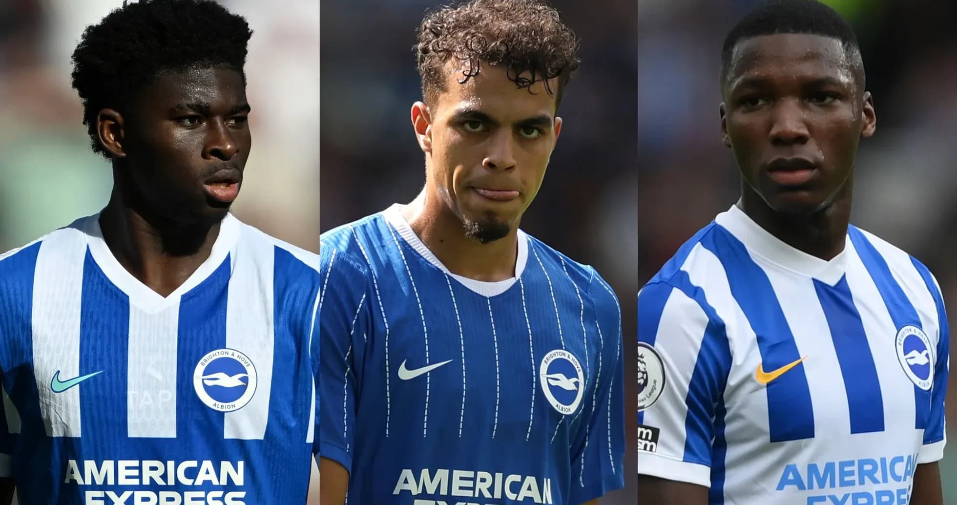 Three Brighton players in blue and white jerseys