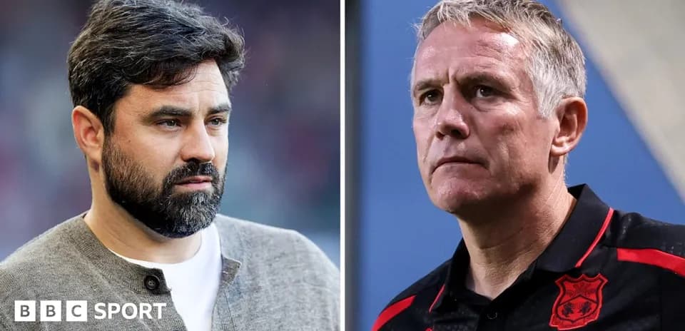 Two football coaches during a match split screen