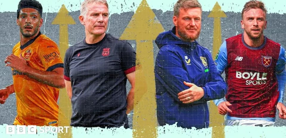 Four football figures including players and coaches