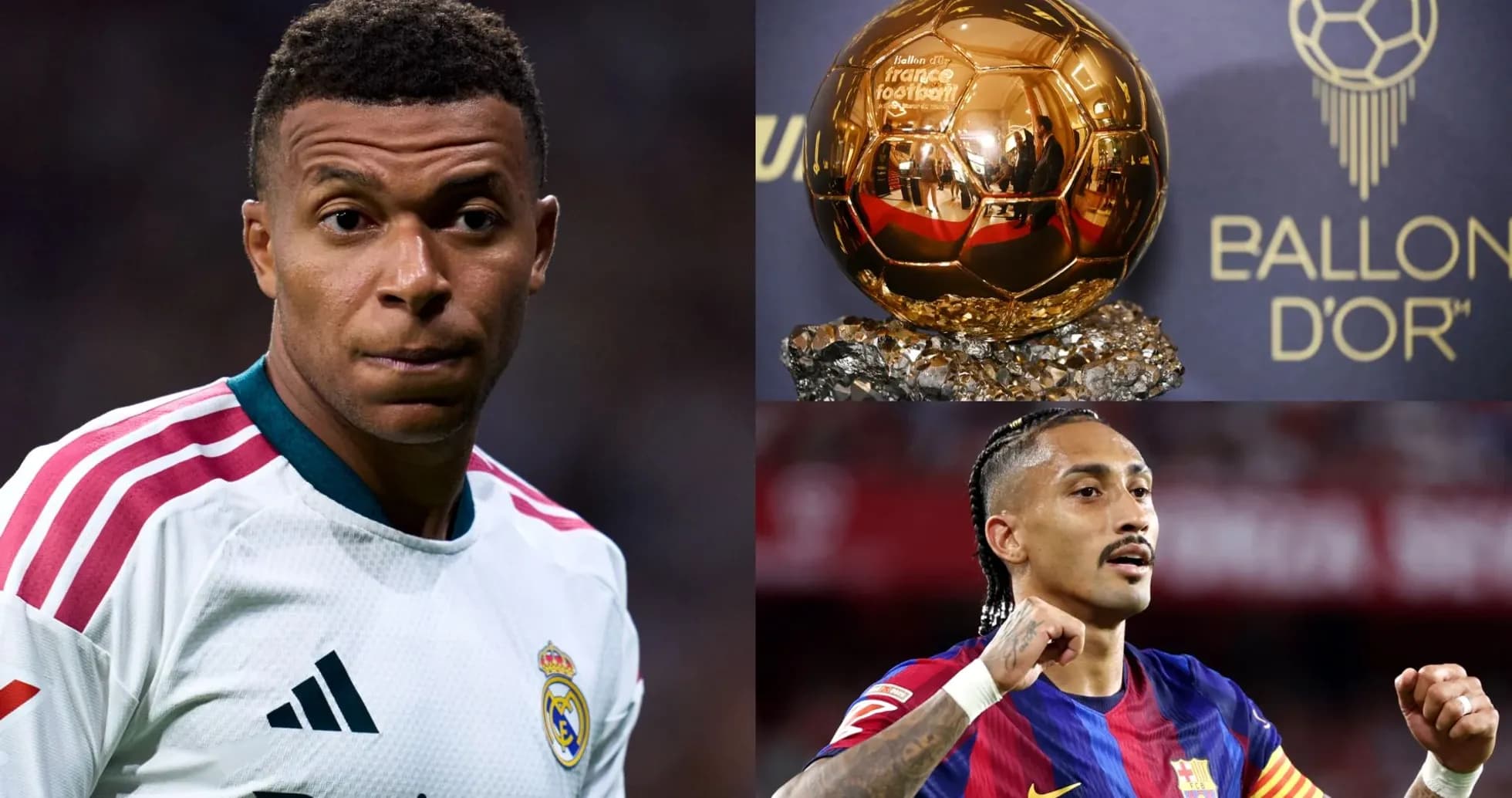 Kylian Mbappé, Ballon d'Or trophy, and player celebrating