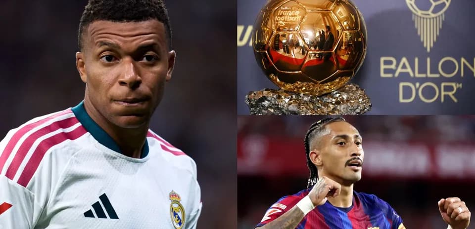 Kylian Mbappé, Ballon d'Or trophy, and player celebrating