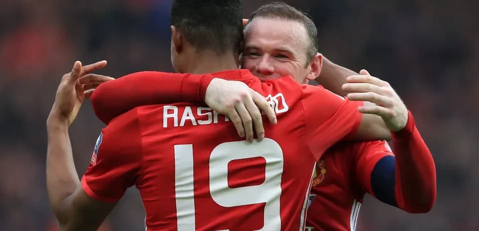 Players celebrating a goal in Manchester United jerseys