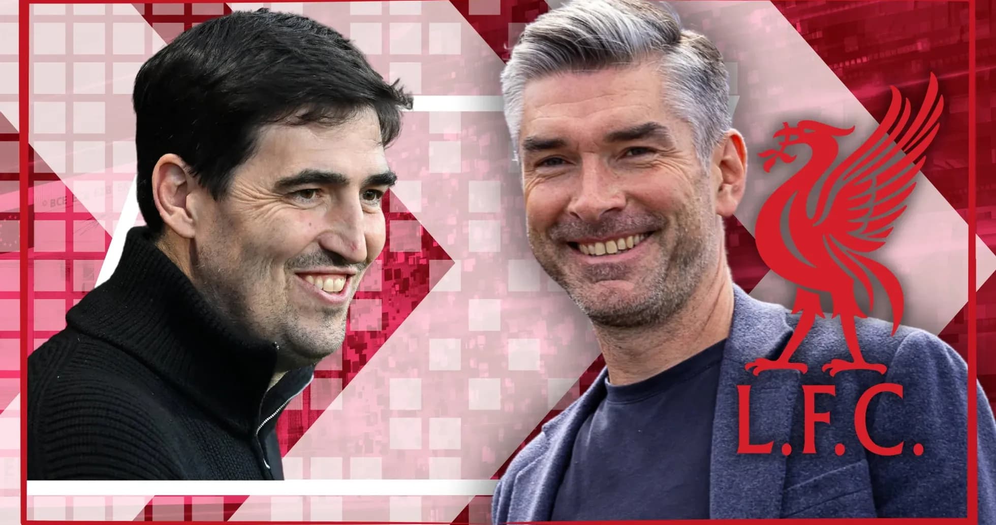 Two coaches smiling with Liverpool logo in background