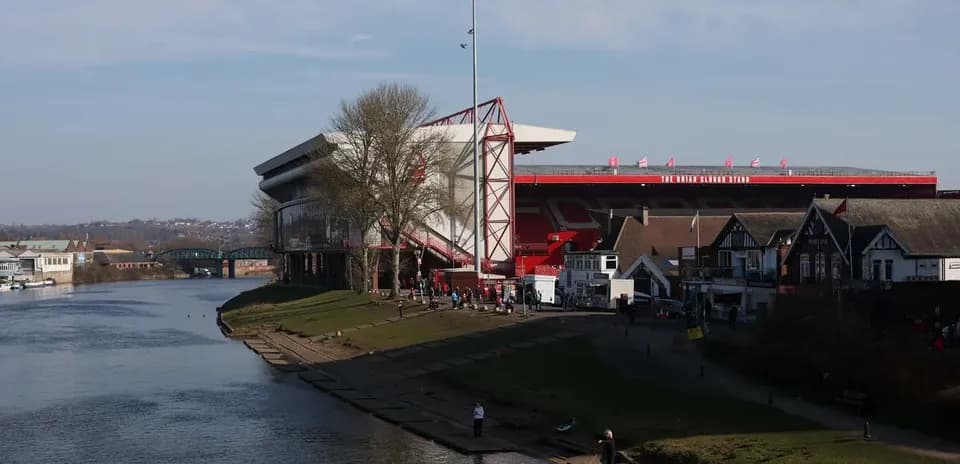 View of football stadium by the riverbank