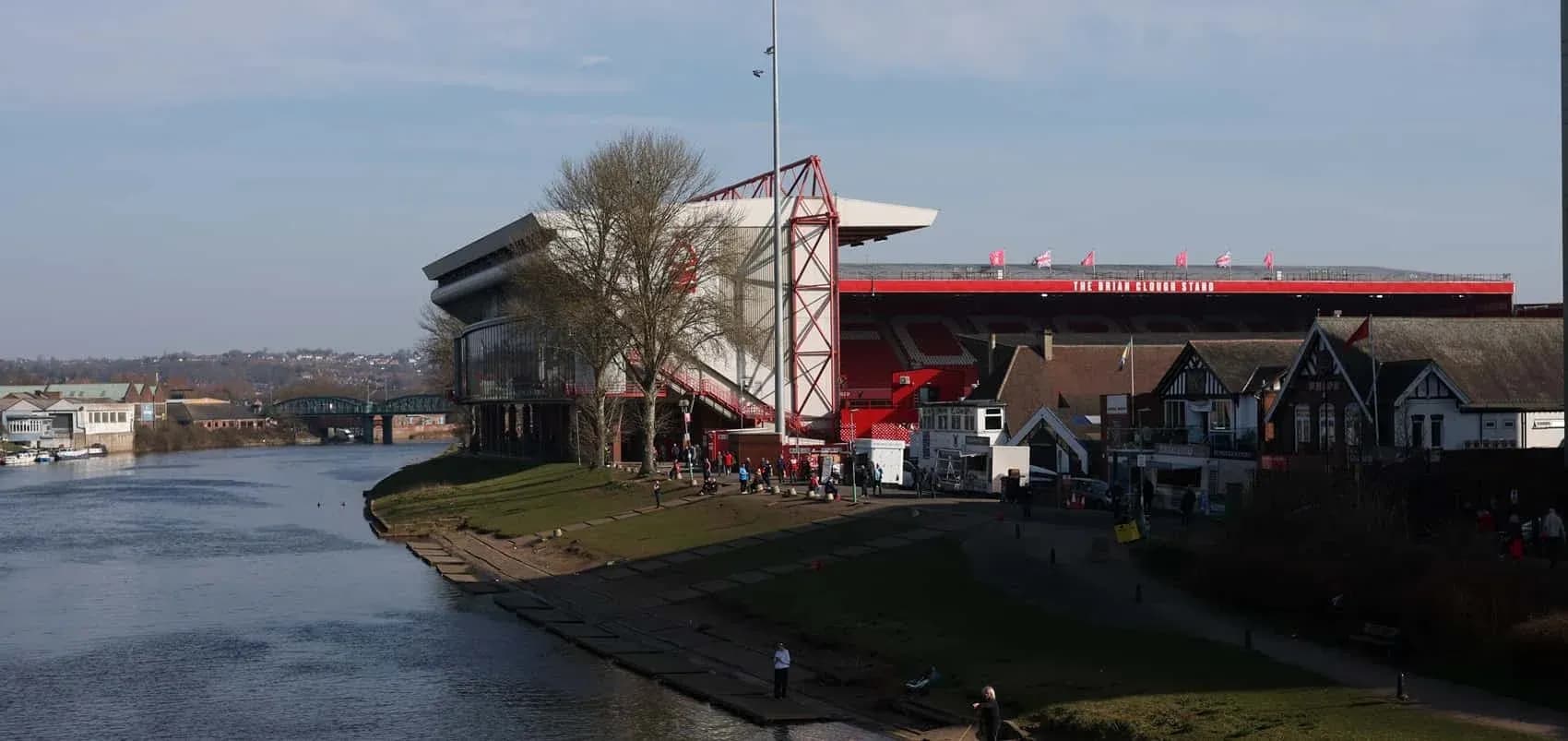 View of football stadium by the riverbank