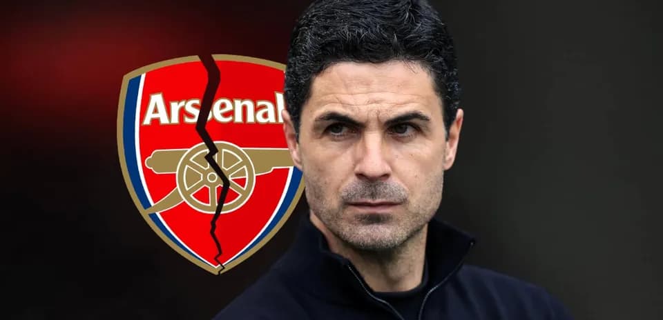 Mikel Arteta with cracked Arsenal logo background