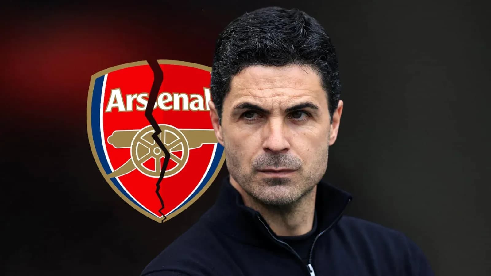 Mikel Arteta with cracked Arsenal logo background