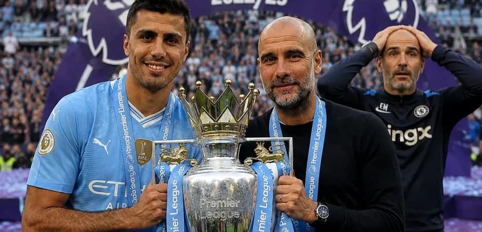 Players celebrating Premier League trophy victory
