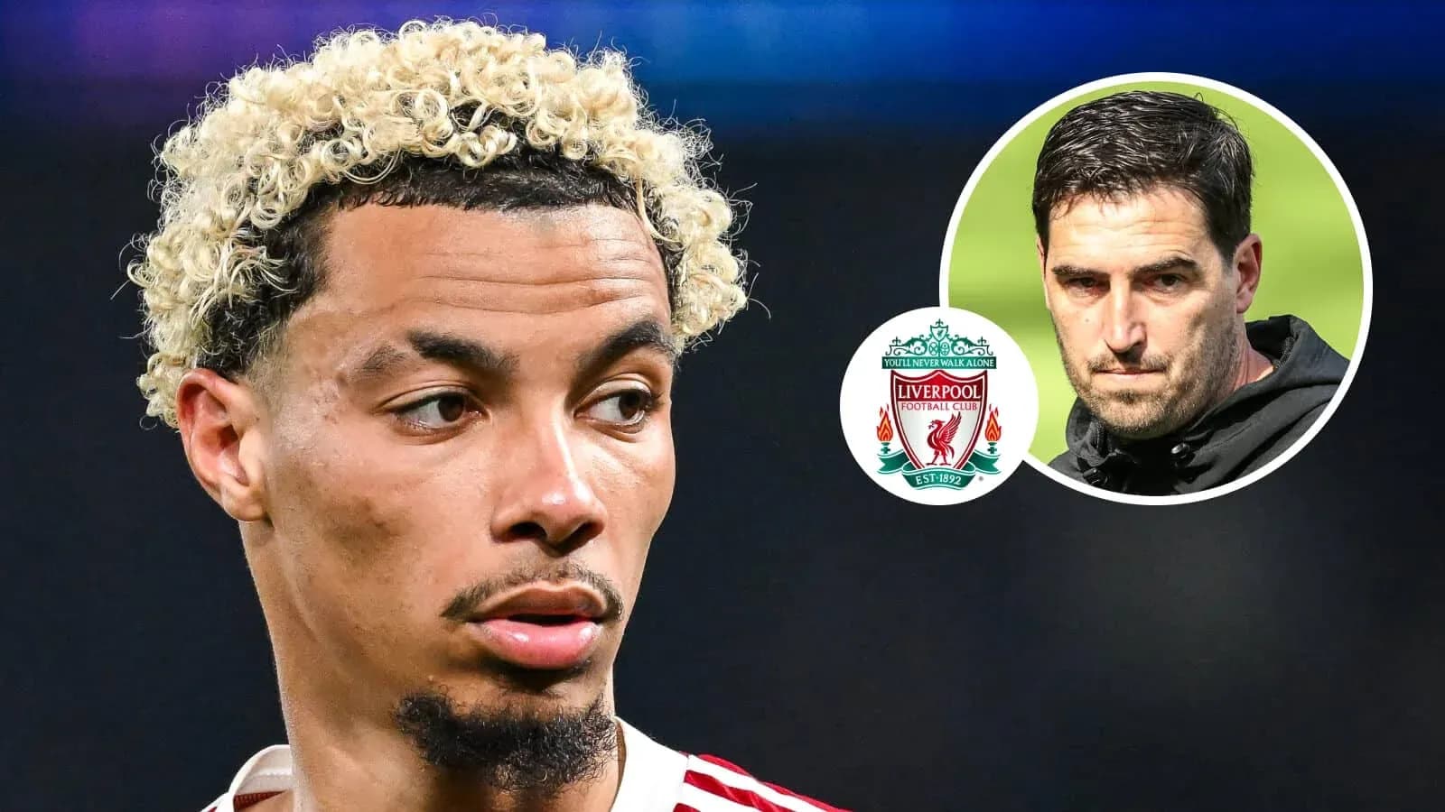 Player with curly hair near Liverpool logo and coach