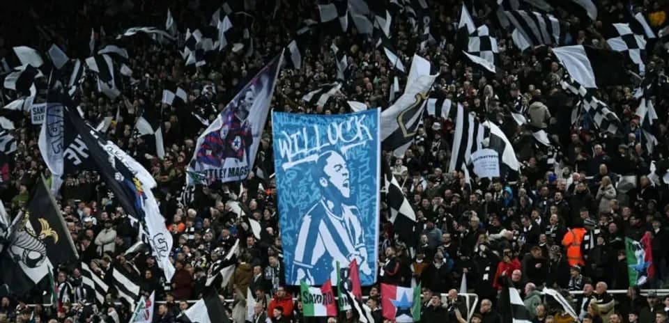 Crowd waving flags and banners in stadium