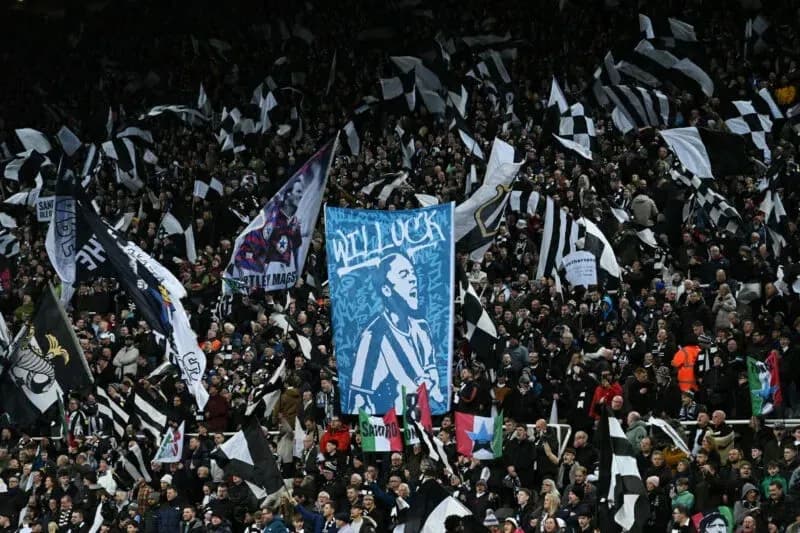 Crowd waving flags and banners in stadium