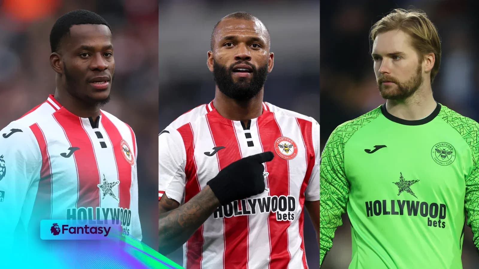 Three Brentford players in team jerseys and goalkeeper kit
