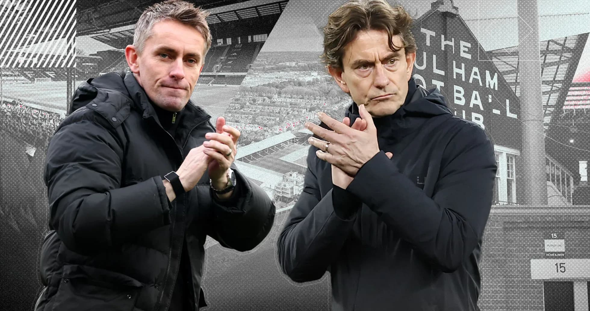 Two football managers applauding during a match