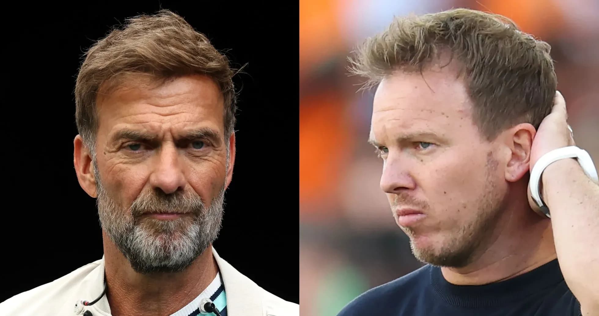 Two football managers in profile during match