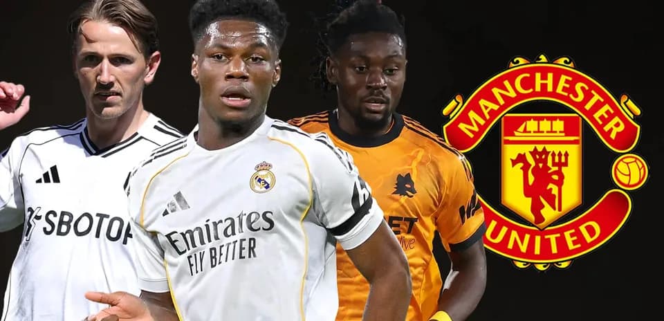 Three football players with Manchester United logo background