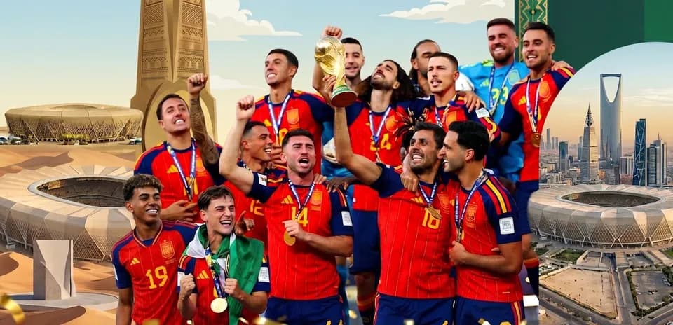 Spain team celebrating with trophy at World Cup
