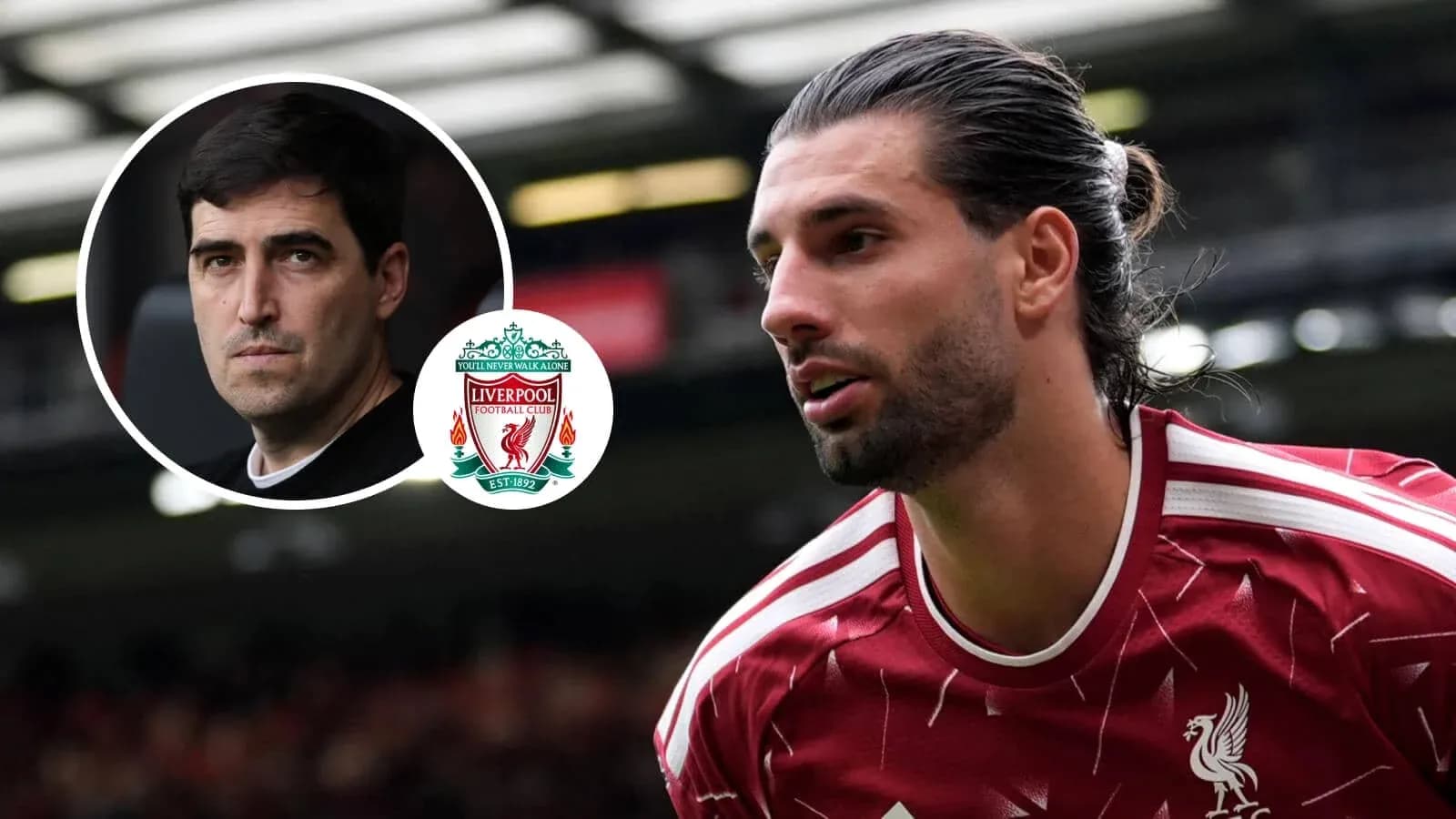 Player in Liverpool kit with coach and logo overlay Player in Liverpool kit with coach and logo overlay