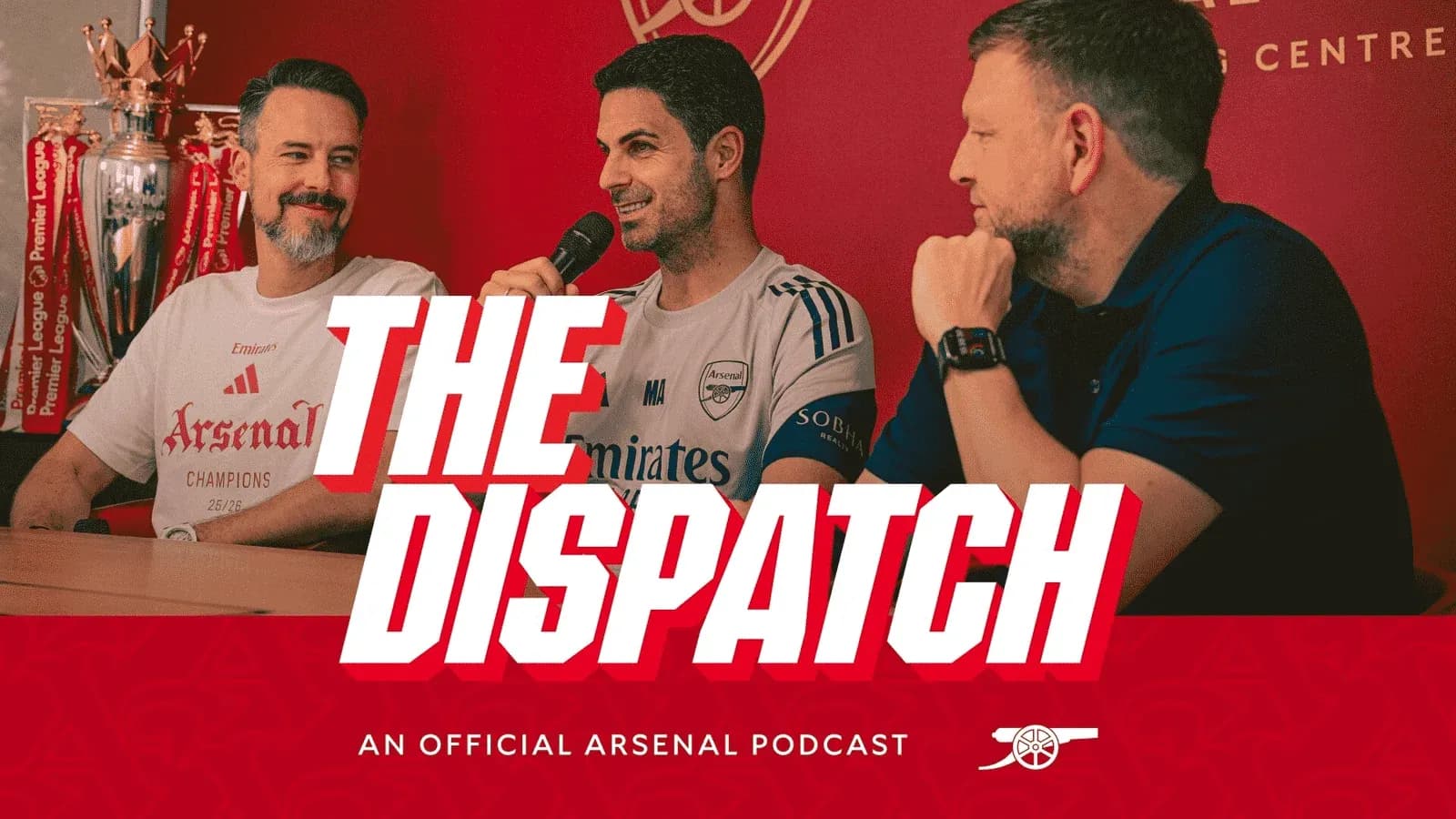 Three hosts discussing on Arsenal podcast set Three hosts discussing on Arsenal podcast set