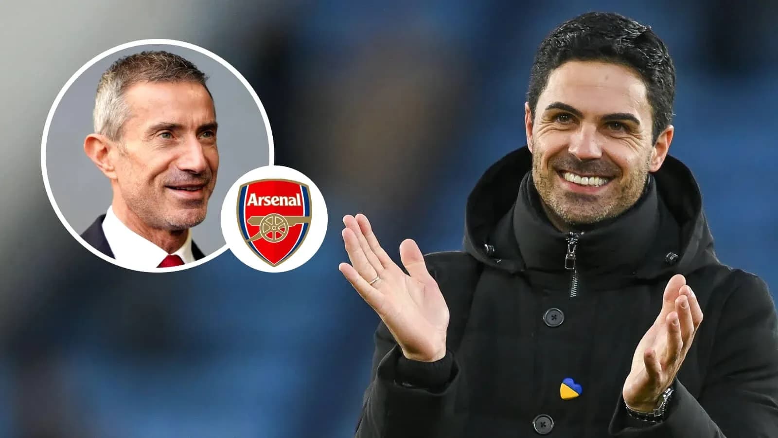 Two football coaches with Arsenal logo background Two football coaches with Arsenal logo background