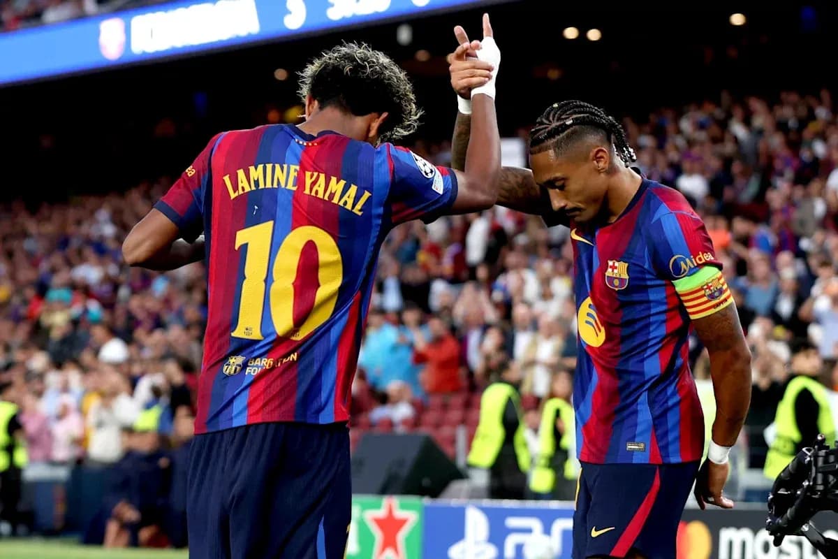 Lamine Yamal celebrating with teammate at Camp Nou Lamine Yamal celebrating with teammate at Camp Nou