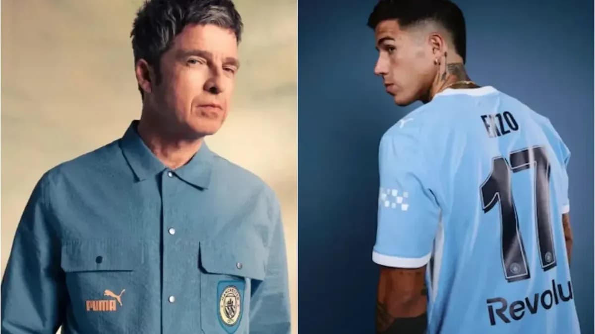Two men in blue outfits, one in a shirt, one in a jersey Two men in blue outfits, one in a shirt, one in a jersey
