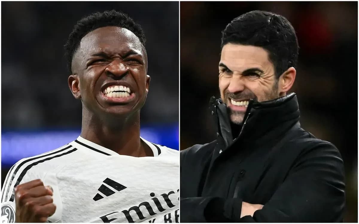 Vinicius Jr. celebrating; Mikel Arteta reacting on sidelines Vinicius Jr. celebrating; Mikel Arteta reacting on sidelines