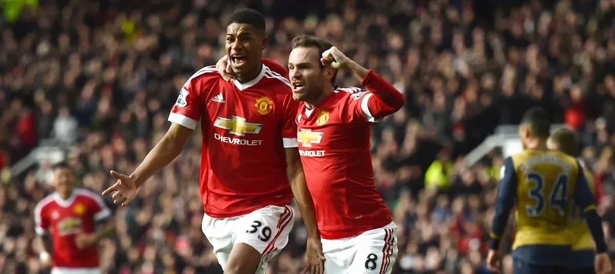 Manchester United players celebrating a goal together Manchester United players celebrating a goal together