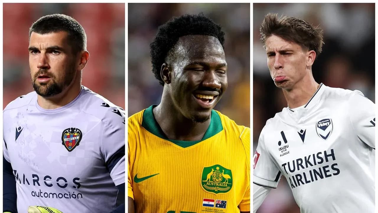 Three soccer players in various team uniforms Three soccer players in various team uniforms