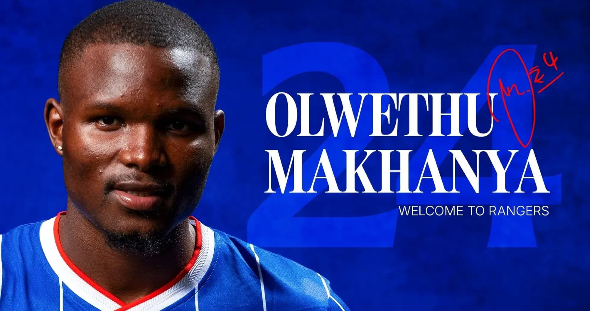Olwethu Makhanya in Rangers jersey with welcome text Olwethu Makhanya in Rangers jersey with welcome text