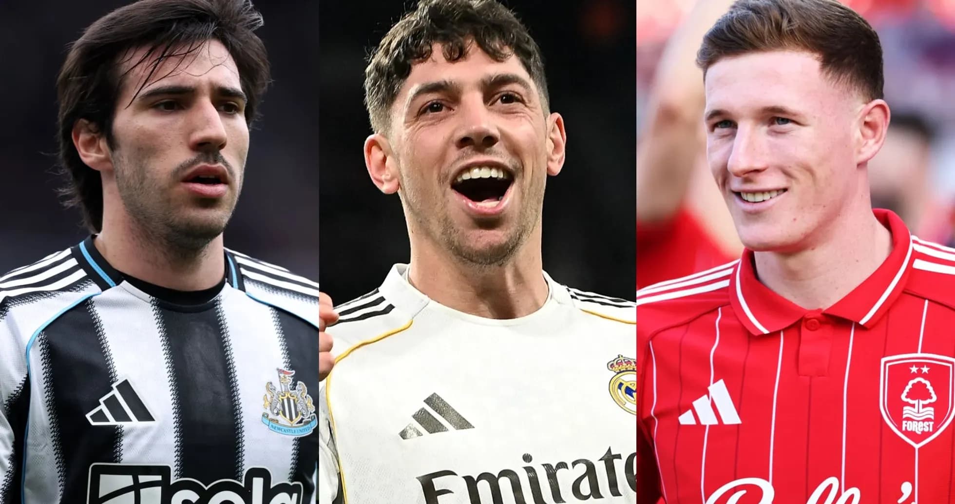 Three football players in their club jerseys Three football players in their club jerseys