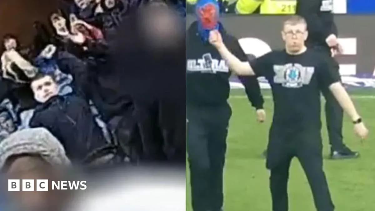Crowd celebrating on the left, man gesturing on the right Crowd celebrating on the left, man gesturing on the right