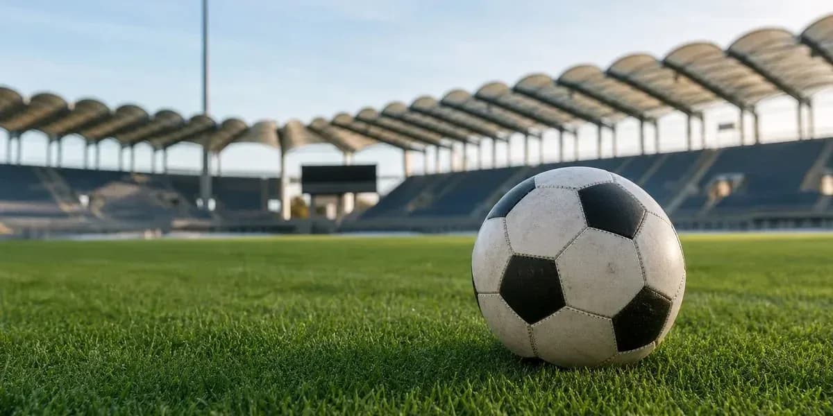 Soccer ball on grass pitch at empty stadium Soccer ball on grass pitch at empty stadium