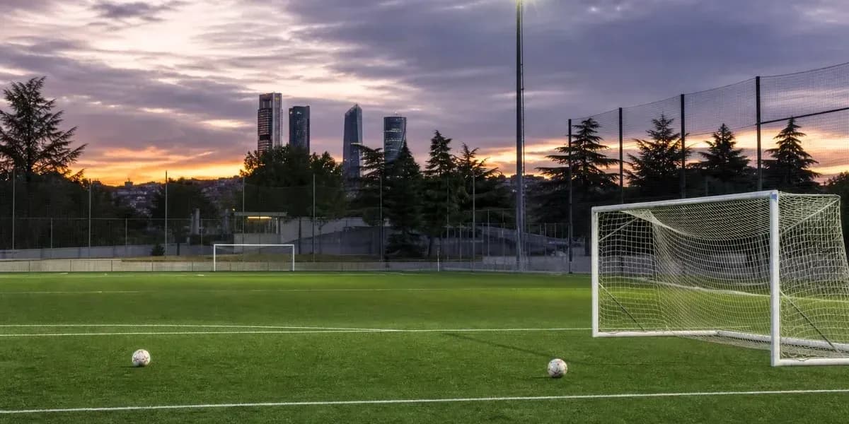 Soccer field at sunset with two balls Soccer field at sunset with two balls