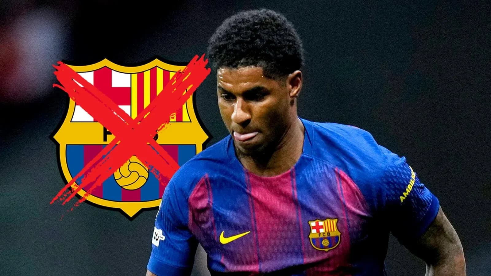 Player in Barcelona jersey with crossed-out logo Player in Barcelona jersey with crossed-out logo