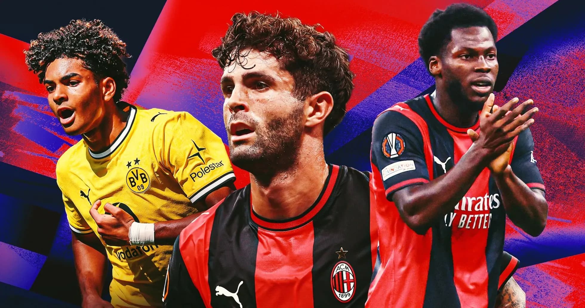 Three football players from different teams in action Three football players from different teams in action