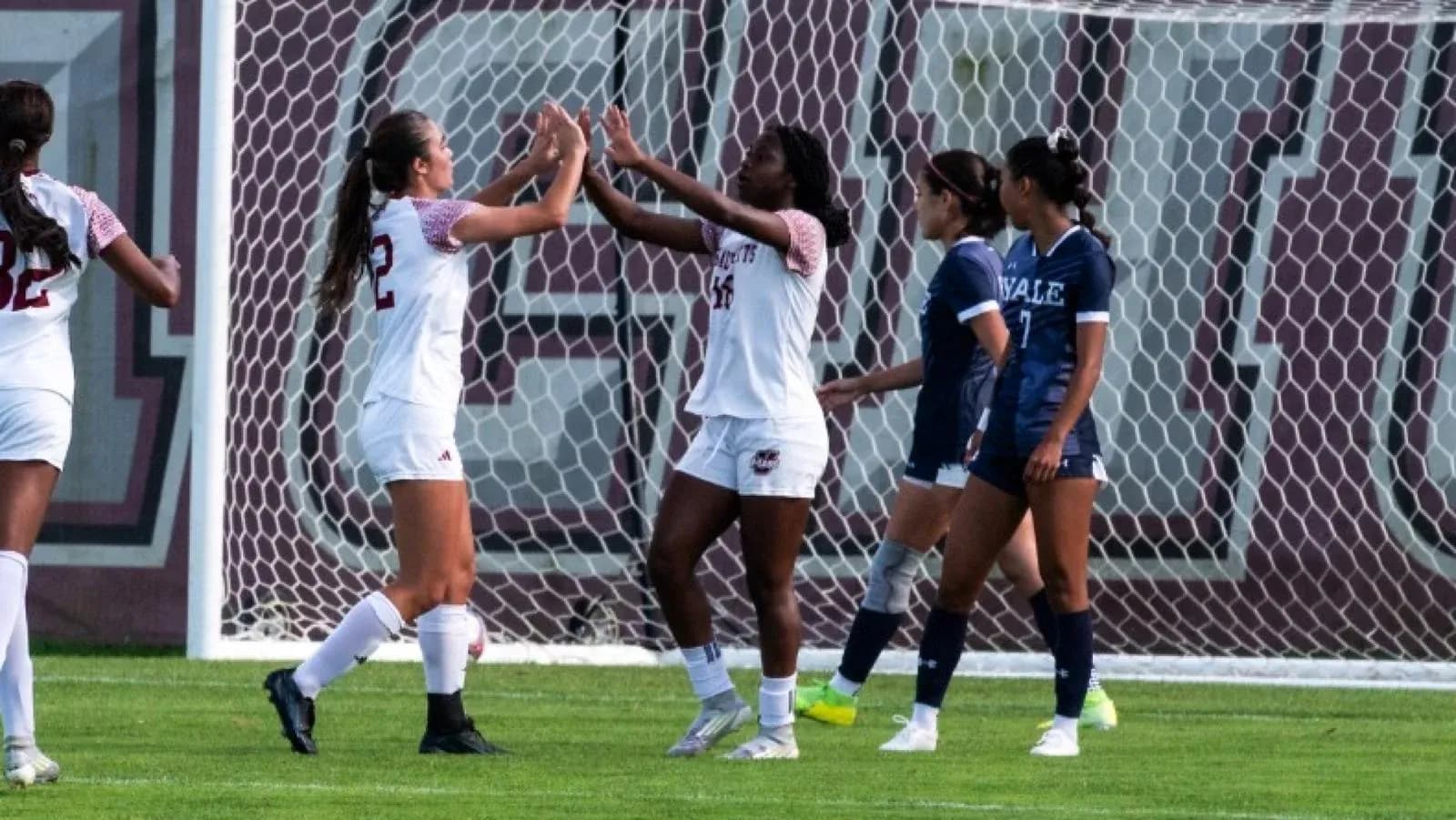 Players celebrating a goal during a soccer match Players celebrating a goal during a soccer match