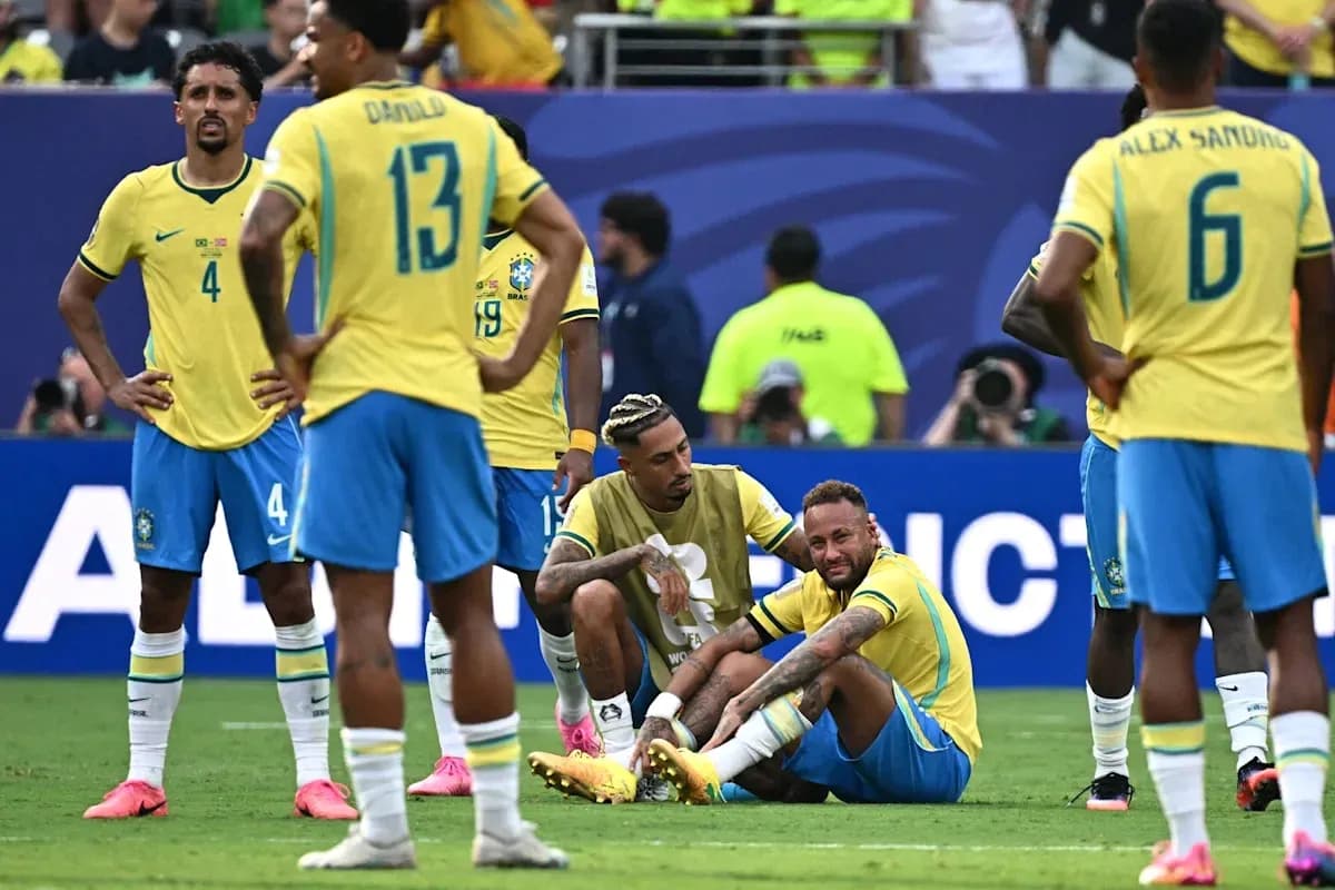 Brazil players react as Neymar sits on field Brazil players react as Neymar sits on field