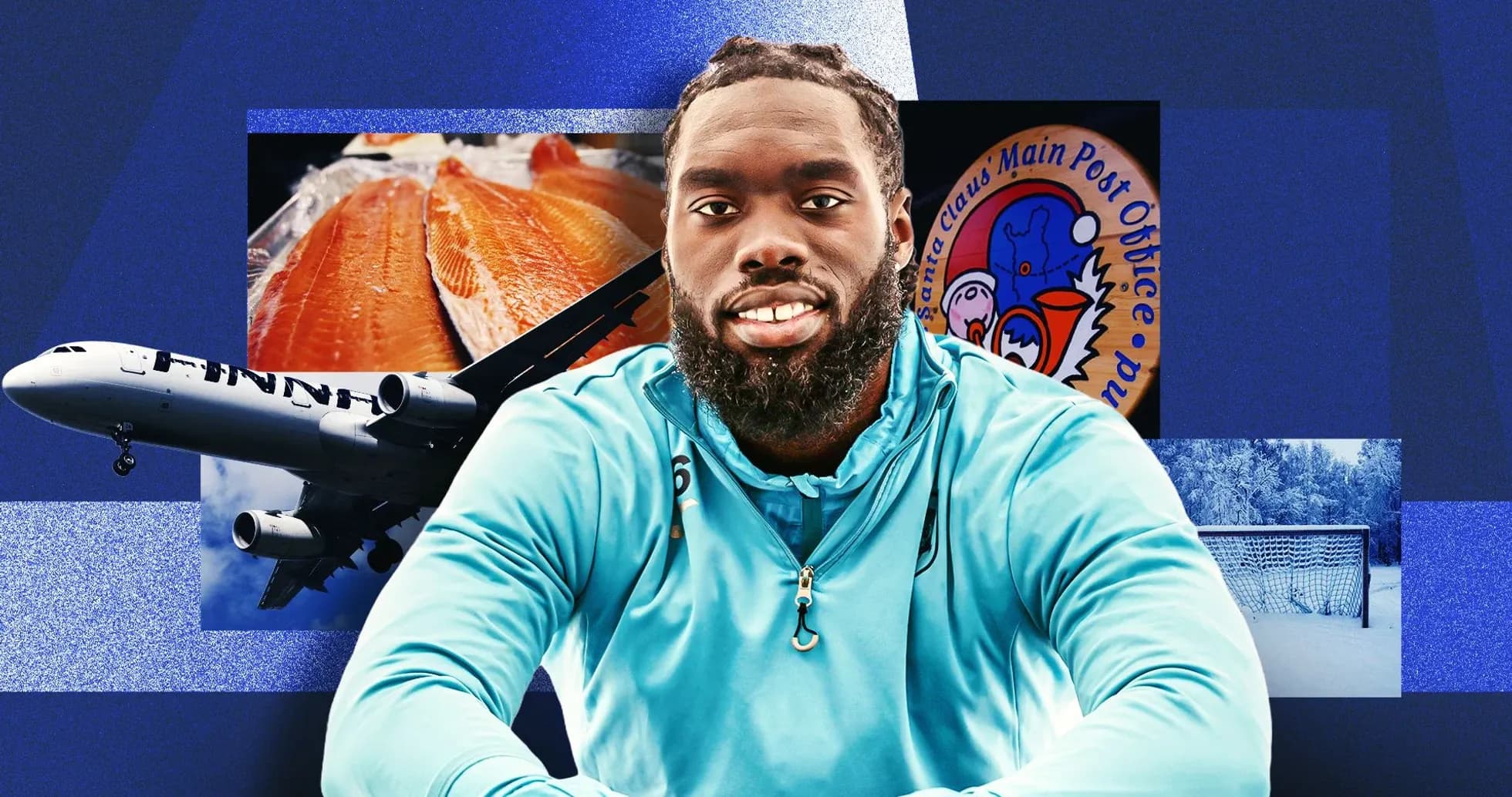 Athlete in turquoise jacket with various background images Athlete in turquoise jacket with various background images