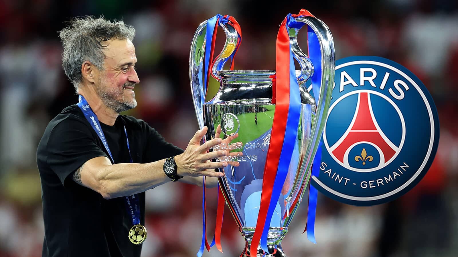 Coach holding UEFA Champions League trophy with PSG logo Coach holding UEFA Champions League trophy with PSG logo
