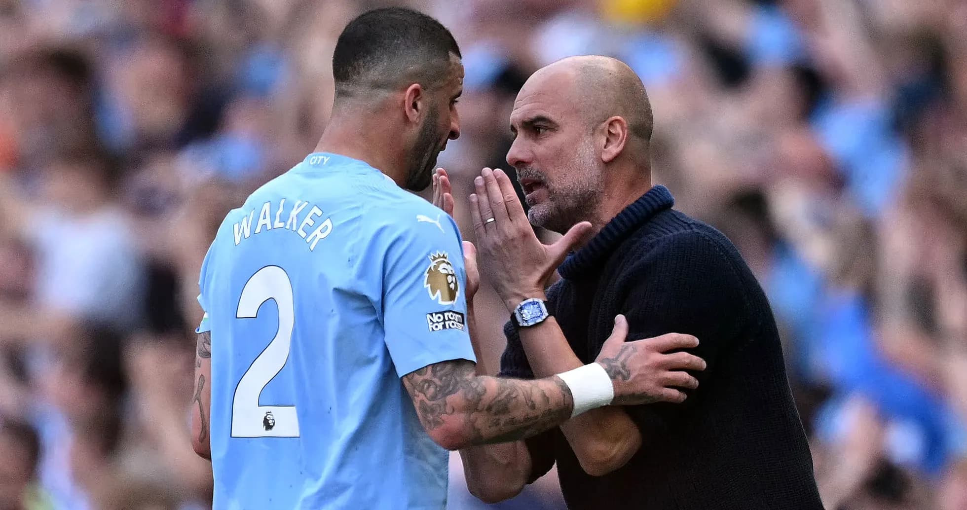 Pep Guardiola discussing tactics with Kyle Walker Pep Guardiola discussing tactics with Kyle Walker