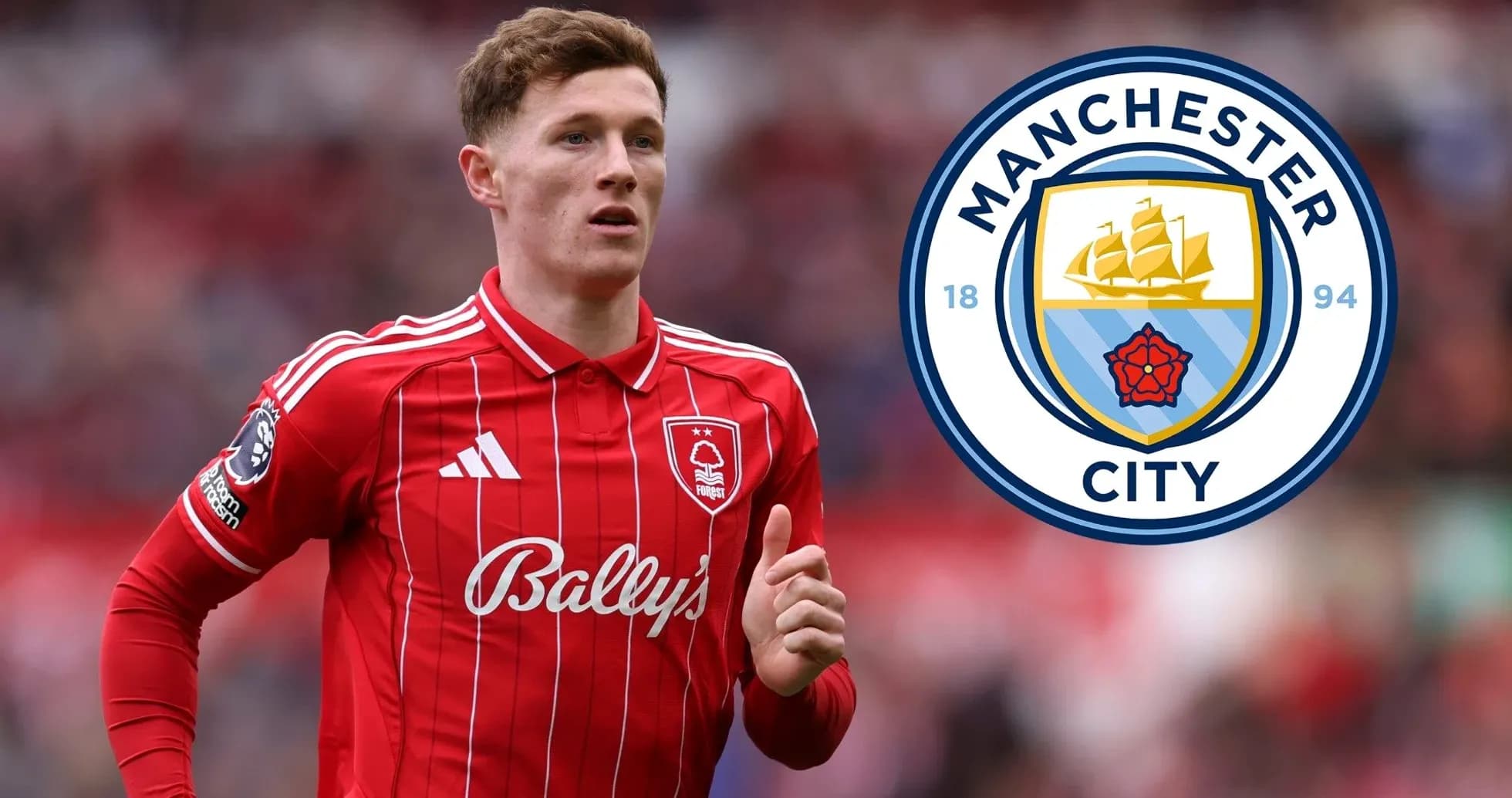 Player in red kit with Manchester City logo backdrop Player in red kit with Manchester City logo backdrop