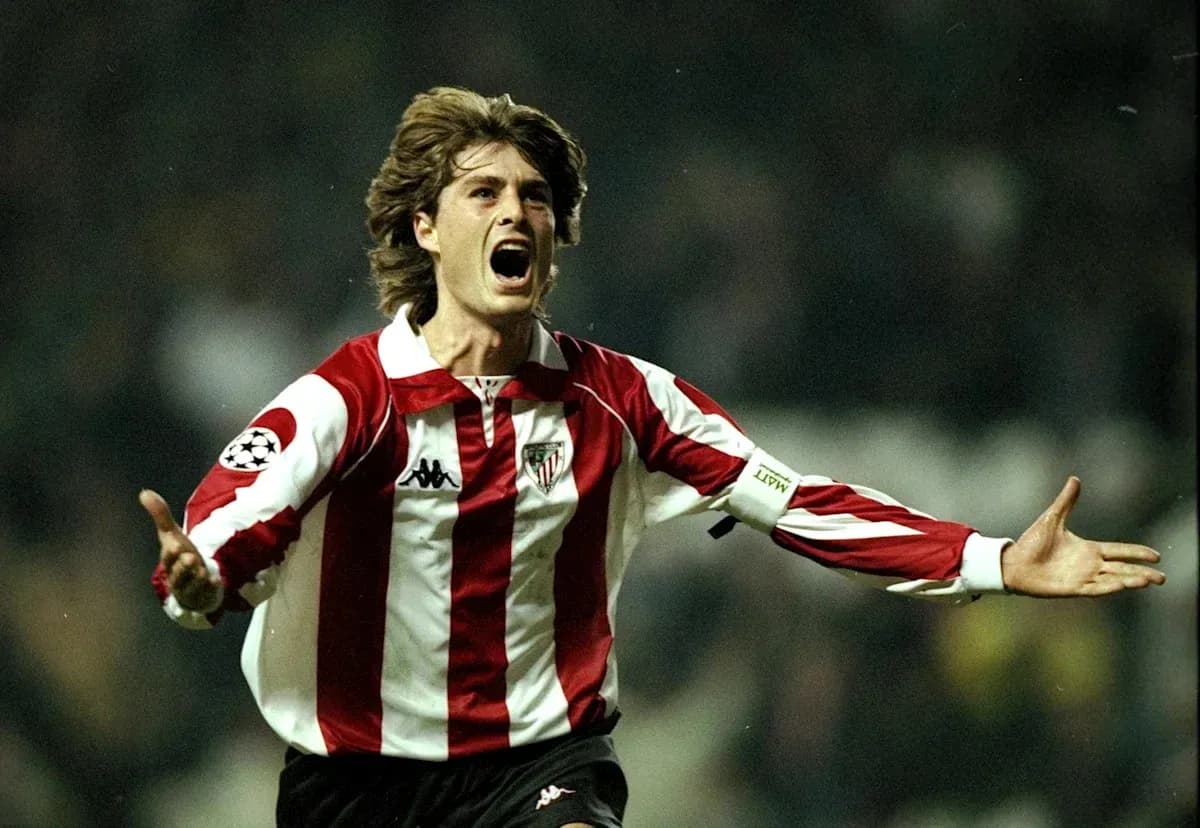 Player celebrating passionately in Athletic Bilbao jersey Player celebrating passionately in Athletic Bilbao jersey