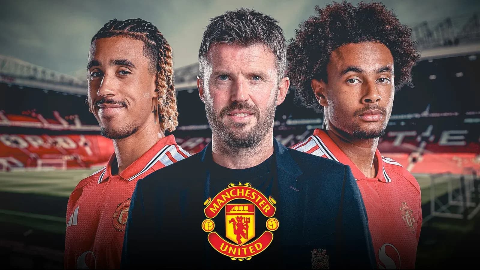 Three Manchester United players at Old Trafford stadium Three Manchester United players at Old Trafford stadium