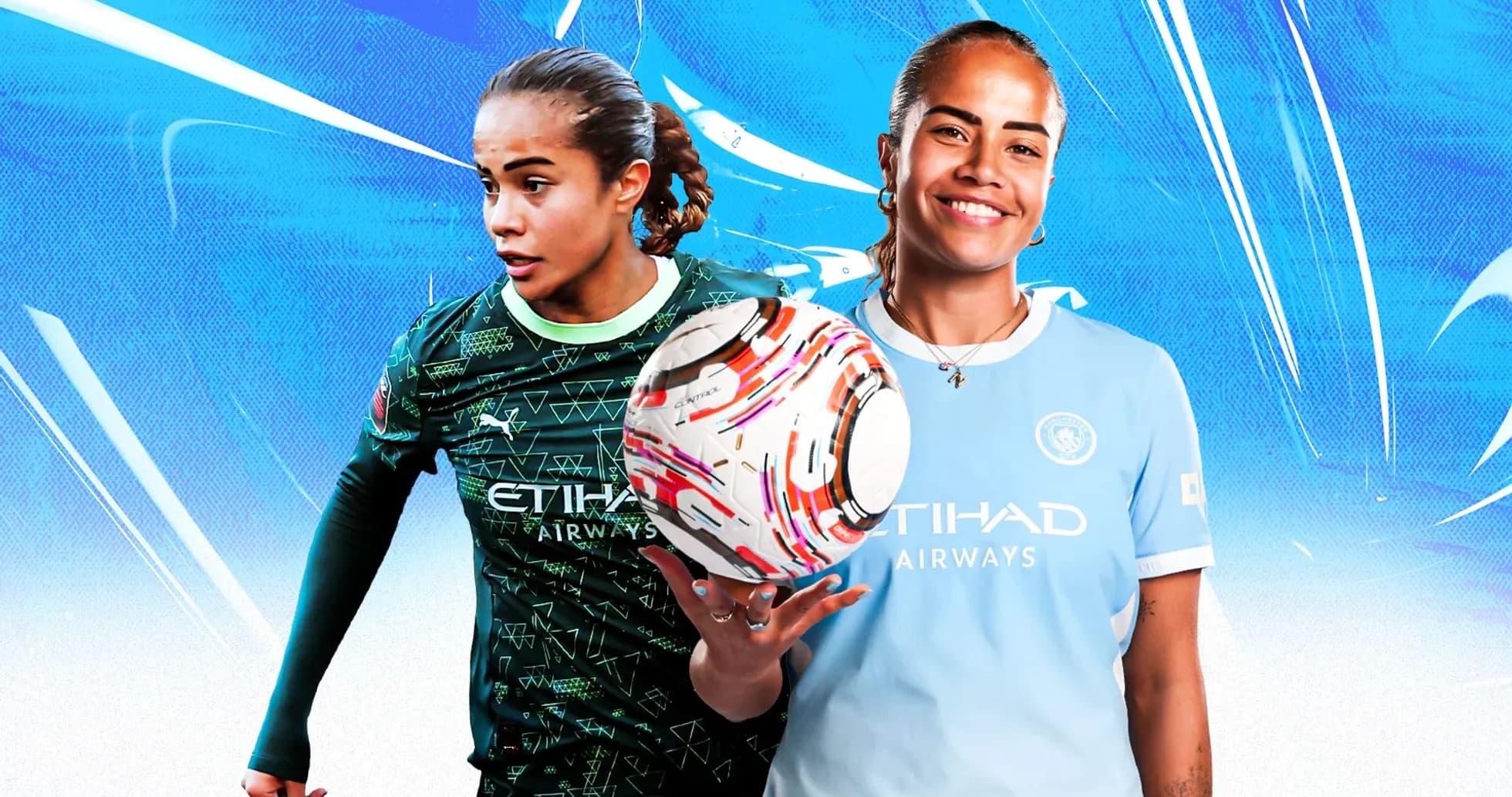Two female soccer players in team jerseys holding a ball Two female soccer players in team jerseys holding a ball