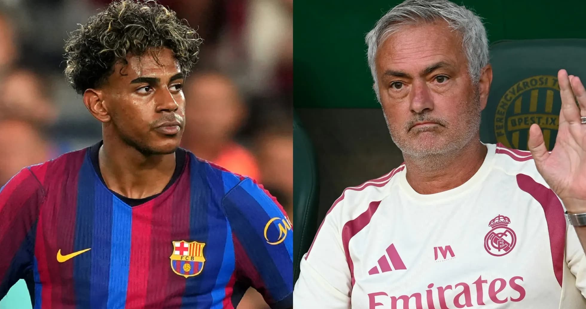Barcelona player and Real Madrid manager in split image Barcelona player and Real Madrid manager in split image