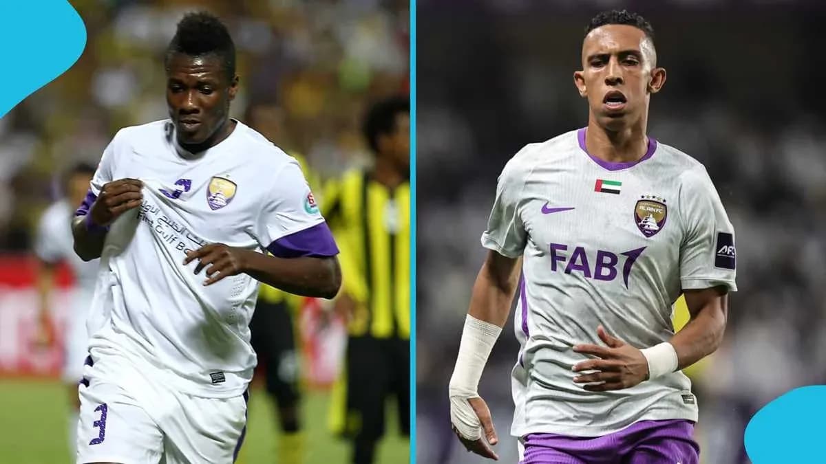 Two football players in Al Ain FC jerseys running Two football players in Al Ain FC jerseys running