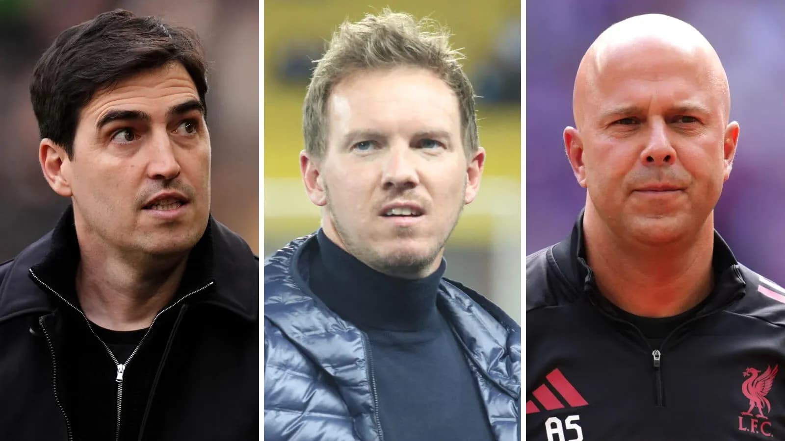 Three football managers posing for the camera Three football managers posing for the camera